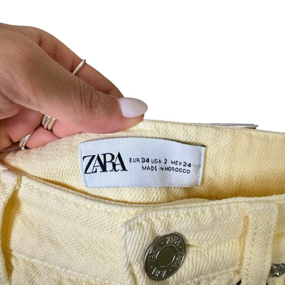 ZARA NWT Pastel Yellow Distressed High Rise 100% Cotton Denim Shorts - Picture 6 of 9